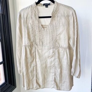 AVEC Women's Tan Linen V-Neck Long Sleeve Pleated Bodice Pop Over Blouse sz M